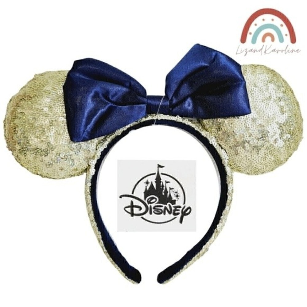 New! Disney Parks Minnie Mouse Ears Gold Sequin Blue Satin Velvet Bow Headband